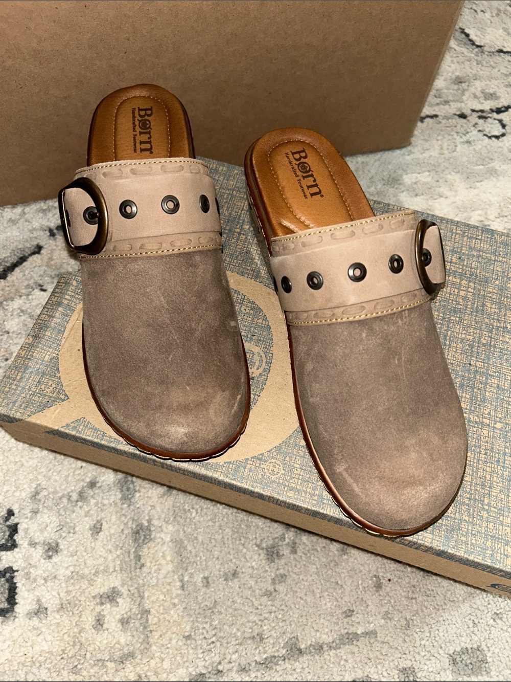 Born Taupe and Tan Suede Slip-On Clog with Studded Strap